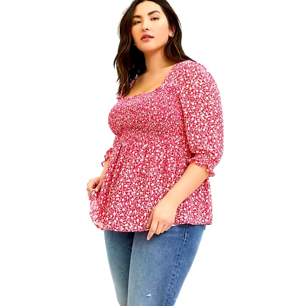 Torrid size 2 FUCHSIA PINK FLORAL CHIFFON SMOCKED BABYDOLL BLOUSE